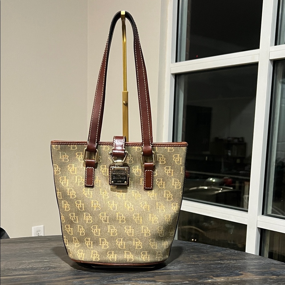 Dooney & Bourke Tan and Brown Monogram Bucket Tote
